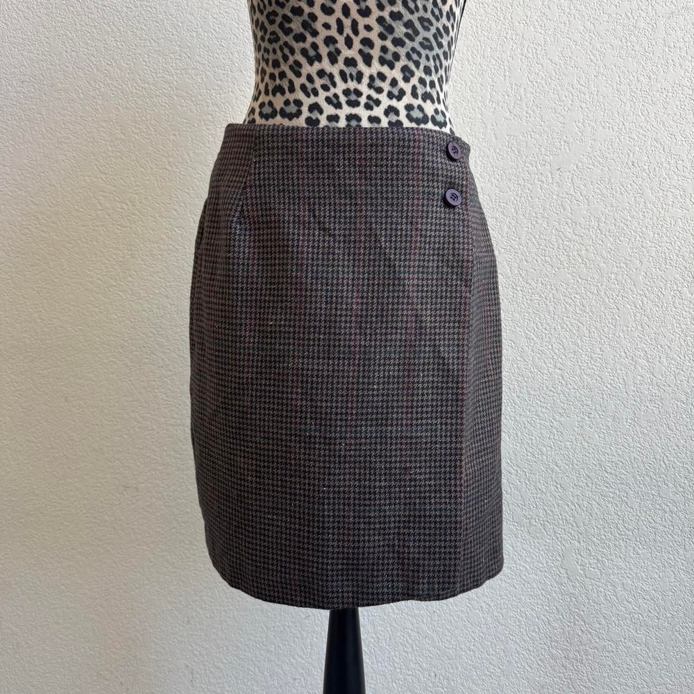 Isaac Hazan brown and blue houndstooth 100% wool mini skirt size 12